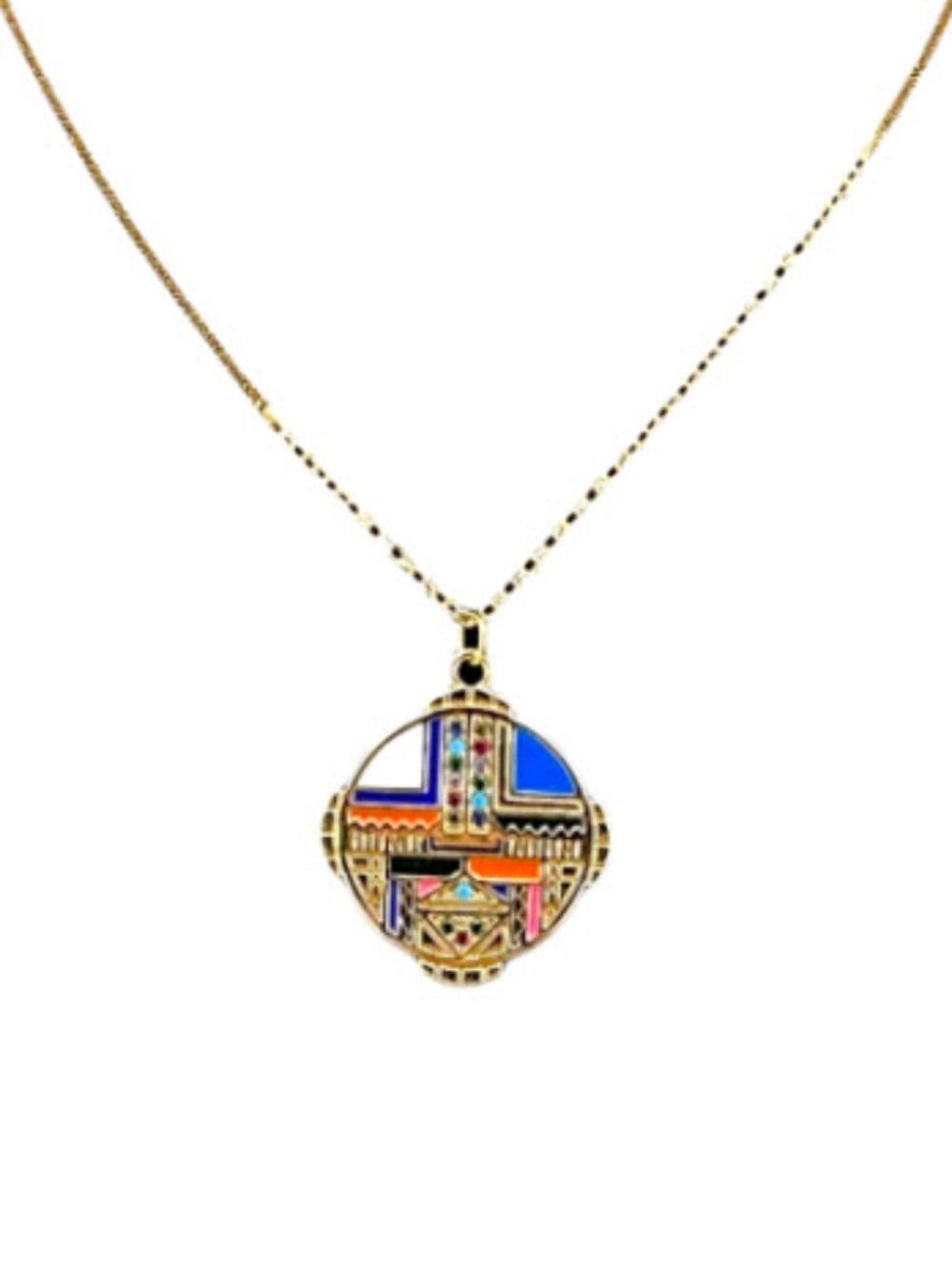 Enamel Medallion Necklace Colorful Art Deco CZ Mosaic Gold Filled 16-18"